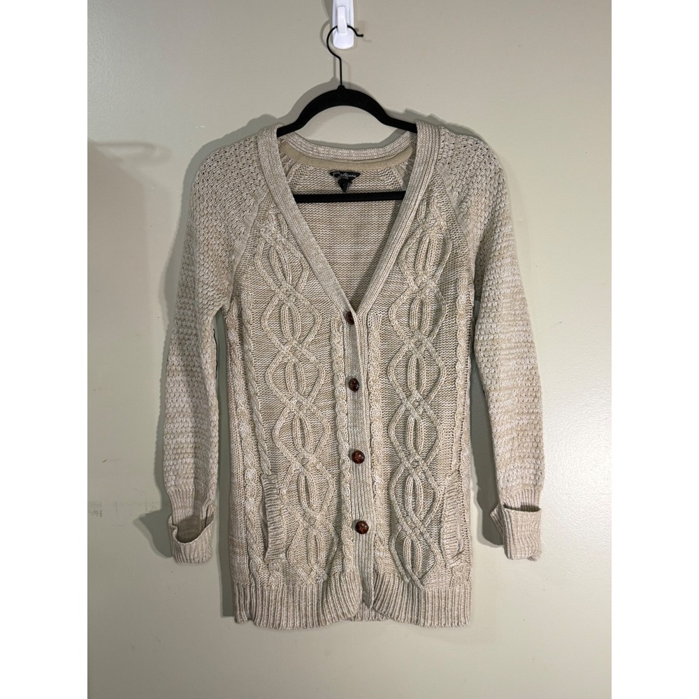 Streetwear Society Beige Cable Knit Cardigan Elbow Patches V-Neck Sweater Small